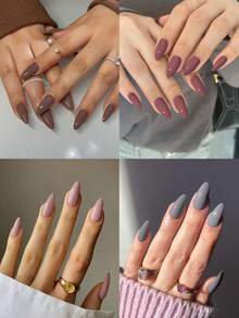 96片（4种混合色）长款杏仁灰、棕色、裸色亮面亚克力按压式美甲贴片，完美贴合长指甲，套装包含：1瓶啫喱和1把指甲锉，适合女性和女孩日常佩戴、舞会等场合。美甲用品 - 彩色 - 查看 3