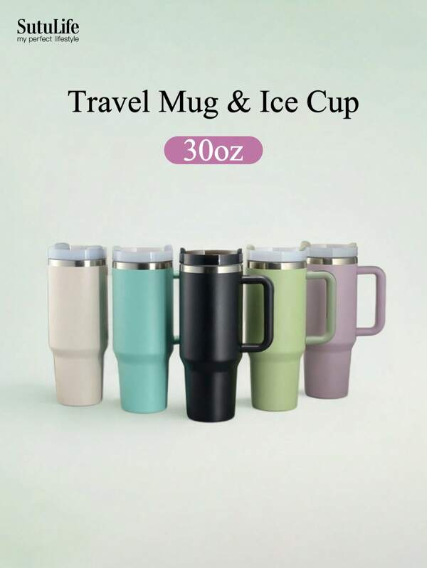 1 pieza, Vaso de 30 onzas con asa, Vaso al vacío reutilizable, Vaso aislado con tapa y pajitas, Tapa hermética, Vaso aislado, Mantiene frío, calor y hielo durante horas, de vuelta al colegio