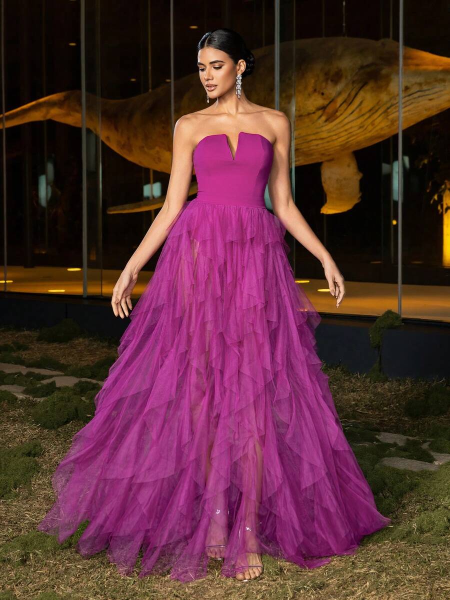 高衩網紗覆蓋抹胸連衣裙 - 紫色 - 查看 1