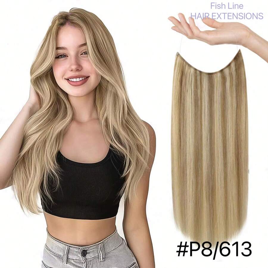 Invisible Wire Hair Extensions P8/613 Highlight Blonde Human Hair Fish Line One-Piece Clip Ins Haie Extensions Transparent Line