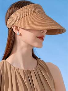 1pc Women's Straw Sun Hat, Foldable Ponytail Beach Hat, Suitable For Ladies Travel In Summer - A - View 7
