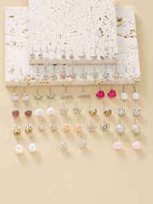 1 Set Of 30 Pairs Of Stud Earrings Set Ladies Faux Pearl Heart Artificial Crystal Pink Girl Flower Letter Butterfly Snowflake Holiday Gift Earrings Valentines,Mom,Mother,Mother's Day,Gift - Multicolor - View 8