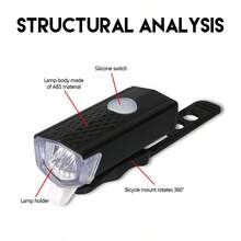 1pc Bicycle Light Night Riding Flashlight USB Charging Headlight Rainproof Mountain Bike Lighting Cycling Equipment - Black - View 8