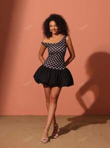 1 Peça Vestido Casual de Tecido Tricotado com Babado na Barra Assimétrico/Assimétrico com Estampa de Poá, Adequado para Praia, Noite, Encontros, Streetwear, todas as estações