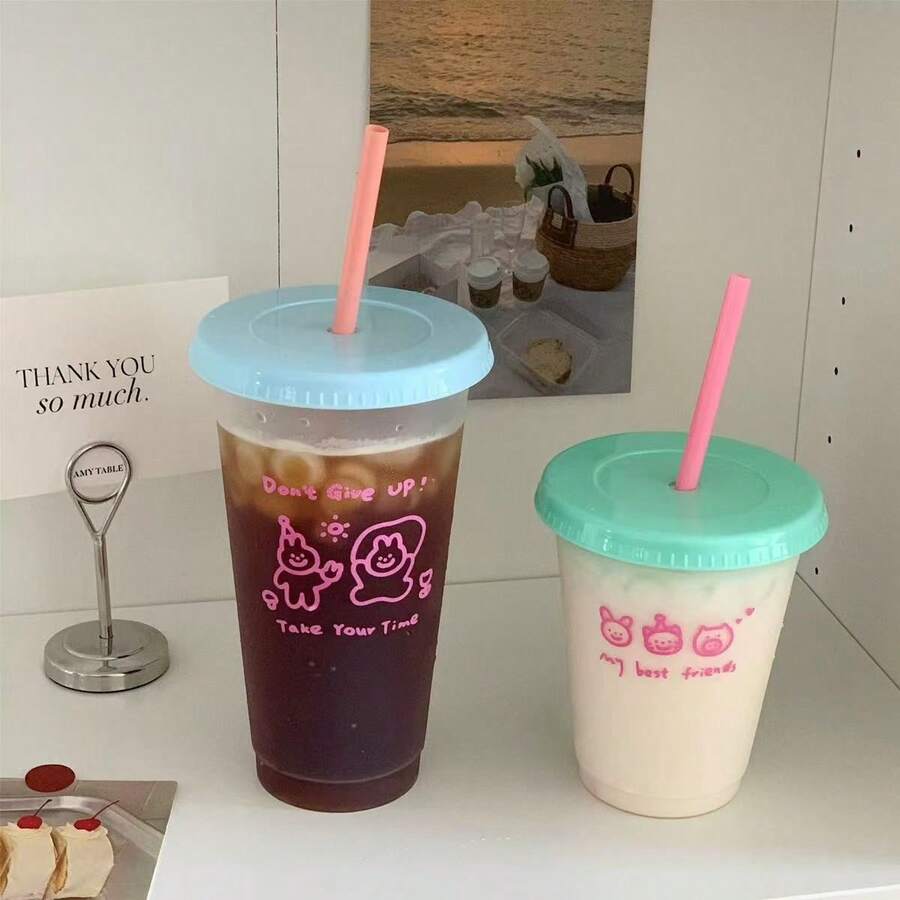 1pc Home Kitchen Large Capacity Water Cup With Straw, Plastic Portable Coffee Cup For Women - Multicolor - View 1