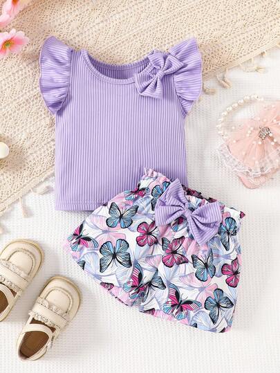 Set de 2 piezas de Top de punto con lazo y shorts impresos con girasoles para niñas recién nacidas de estilo informal