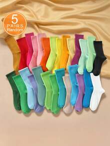 1/5 Pairs Solid Color Candy Series High Elasticity Soft Comfortable Women Mid-Calf Socks, Fashionable & Personalized For Daily Use - Mouldless - View 14