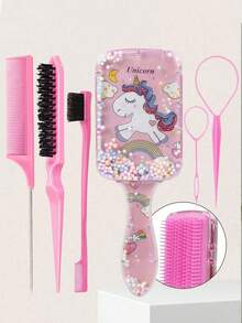 6pcs Hair Comb Set, Cute Unicorn Cartoon Comb, Edge Brushing Brush Mouse Tail Tail Makeup Brush Set, Used For Smooth Hair, Hairstyling, Cleaning - Purple - View 2