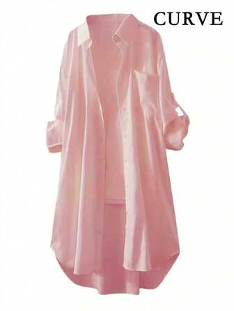 Plus Size Solid Plus Size långärmade skjortor med knappar för kvinnor