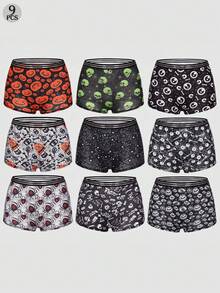 Dircho 9pcs Women Gothic Halloween Skulls Print Contrast Binding Boyshorts, Comfy & Sofy Elastice Waist Intimates Panties, Women's Lingeries & Underwear - Multicolor - View 1