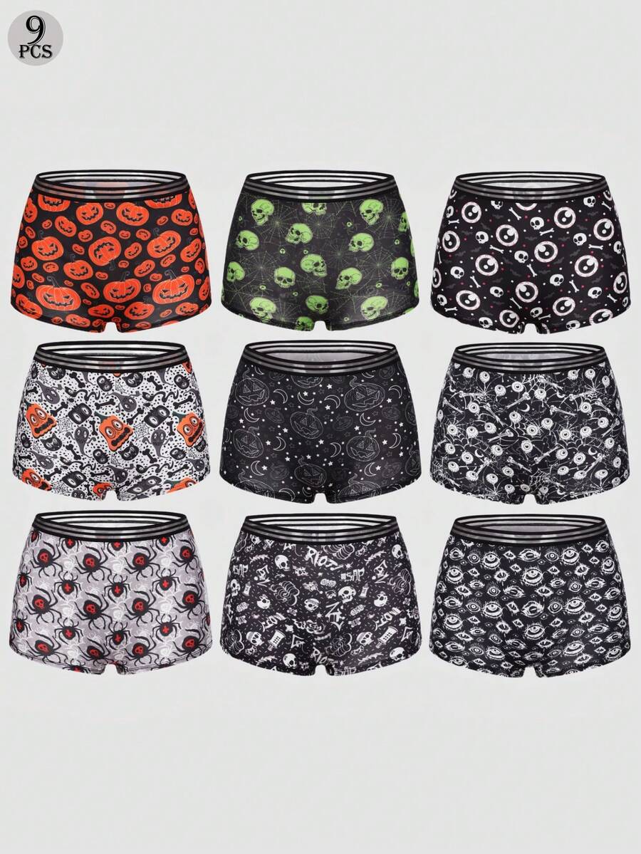 Dircho 9pcs Women Gothic Halloween Skulls Print Contrast Binding Boyshorts, Comfy & Sofy Elastice Waist Intimates Panties, Women's Lingeries & Underwear - Multicolor - View 1