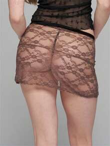 Women's Sheer Lace Low-Rise Mini Skirt, Ruched Waist Asymmetrical Hem, Sexy Edgy Dark Feminine Y2K Retro Casual Chic Beach Cover-Up Evening Party Summer Going Out Skirt For Ladies - Nâu nhạt - Xem 9