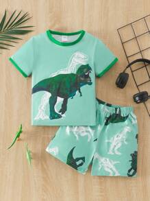 2 pièces Ensemble de pyjama d'été pour tout-petits garçons, t-shirt à col rond et short imprimés dinosaures, mignons et frais