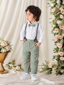 BOARNSEORL 男婴绅士装 - 白色长袖衬衫配领结和吊带裤，Fashionabantic，适合生日派对、晚会、婚礼、花童正式服装 - 綠色 - 查看 10