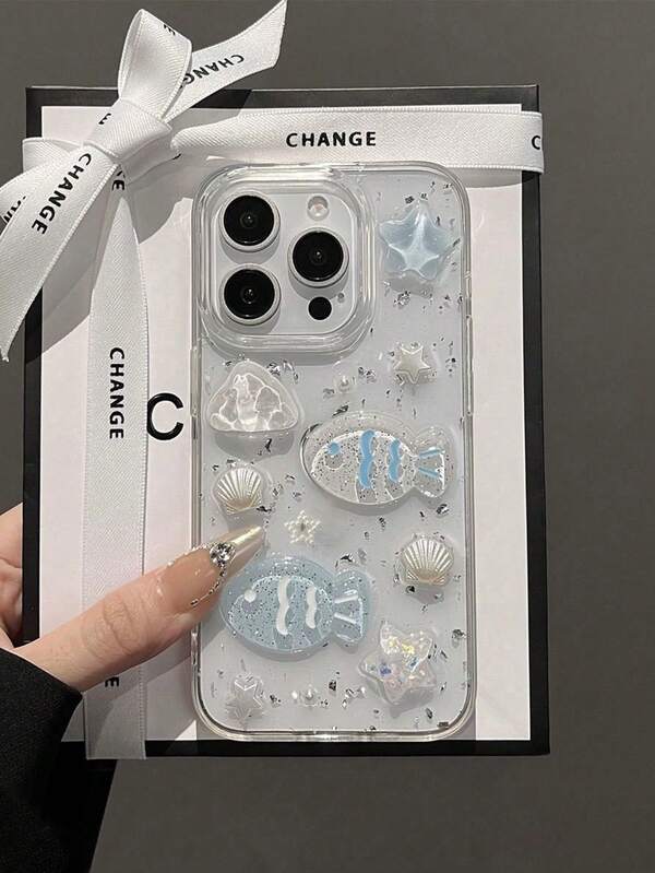 Cute Three-Dimensional Small Fish And Shell Drop Glue Decorative Phone Case Compatible 16 Pro Max/15/14/13/12/11 Waterproof Shockproof Anti-Fall Scratch Resistant