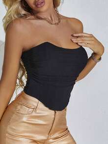 Plus Vintage Strapless Lace-Up Back Bandeau Corset - Black - View 2