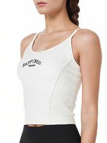 Slim Fit Sports Tank Top With Padded Bust, Women's Summer Ribbed Knit - White - View 3