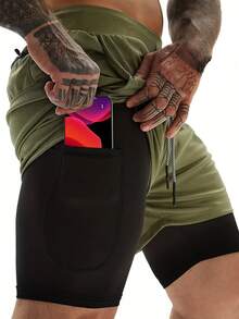 3-Piece Set Mens Running Shorts,2-In-1 Shorts,Workout Running Shorts For Men,7-Inch Gym Yoga Outdoor Sports Shorts - 黑+紅+軍綠 - 查看 4