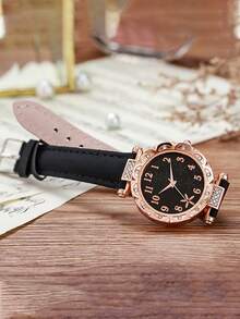 多件套时尚女士数字刻度石英表，带叶纹不锈钢表盘和皮革表带，女士手表，带不锈钢手链、颈链、耳环、戒指套装，适合日常佩戴，节日礼物 - 黑色 - 查看 6