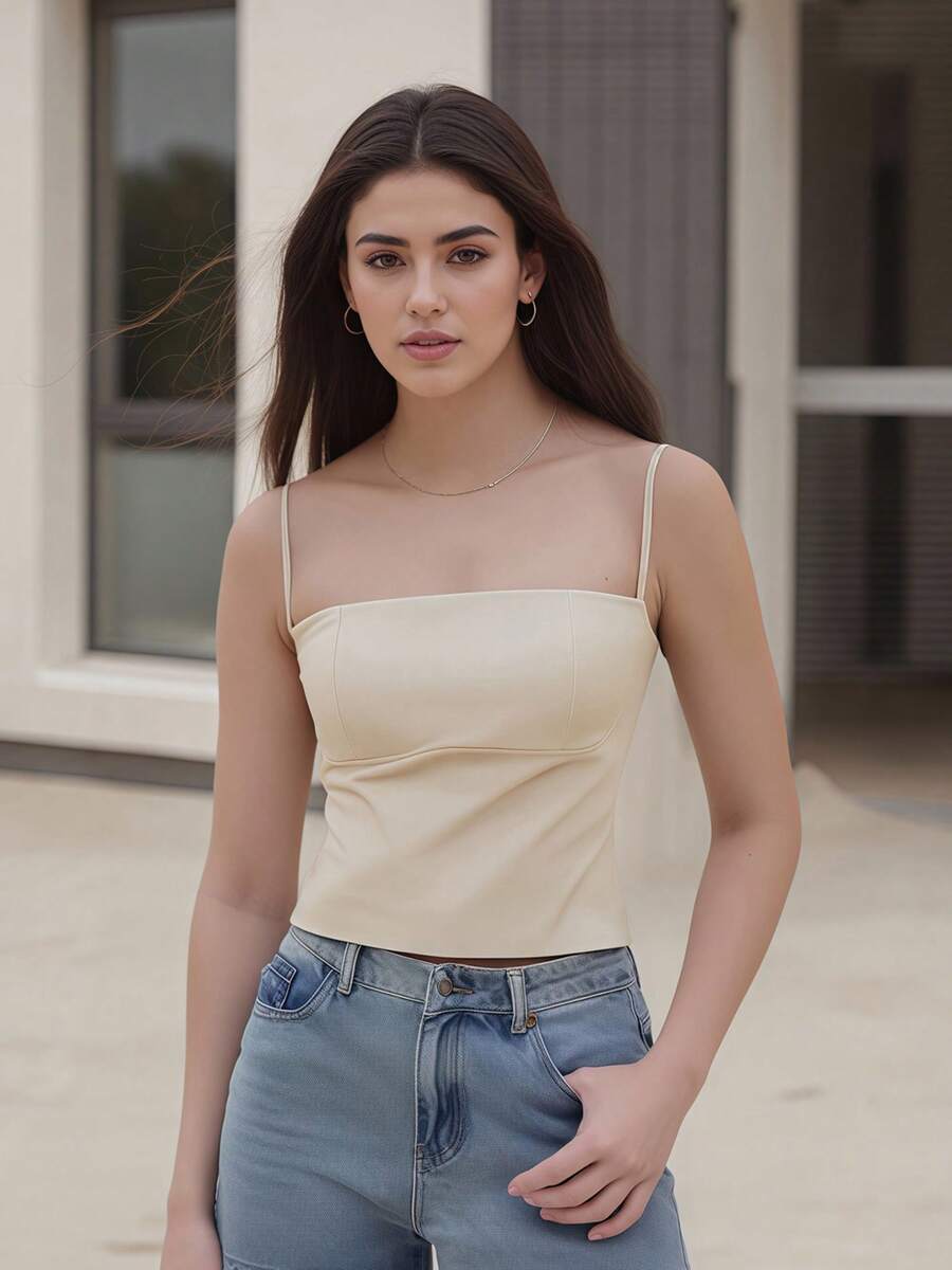 Women's Summer Fitted Cami Tops Solid Color Sleeveless Backless Cropped Going Out Tops - Apricot - View 1