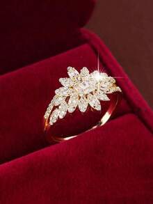 1 件闪亮几何花形铜戒指，镶嵌方晶锆石