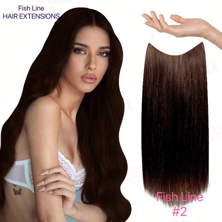 Invisible Wire Extensions 26 Inch Dark Brown #2 Wire Hair Extension Long Hair Piece Dark Hair Clip In Extensions Real Human Hair Wire Brown Fish Line One-Piece Clip Ins Hedge Extensions Transparent Line