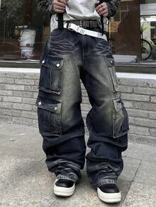1件复古美式男士宽松多口袋水洗牛仔工装裤，高街设计，阔腿牛仔裤（不含腰带和配饰） - 藍色 - 查看 1