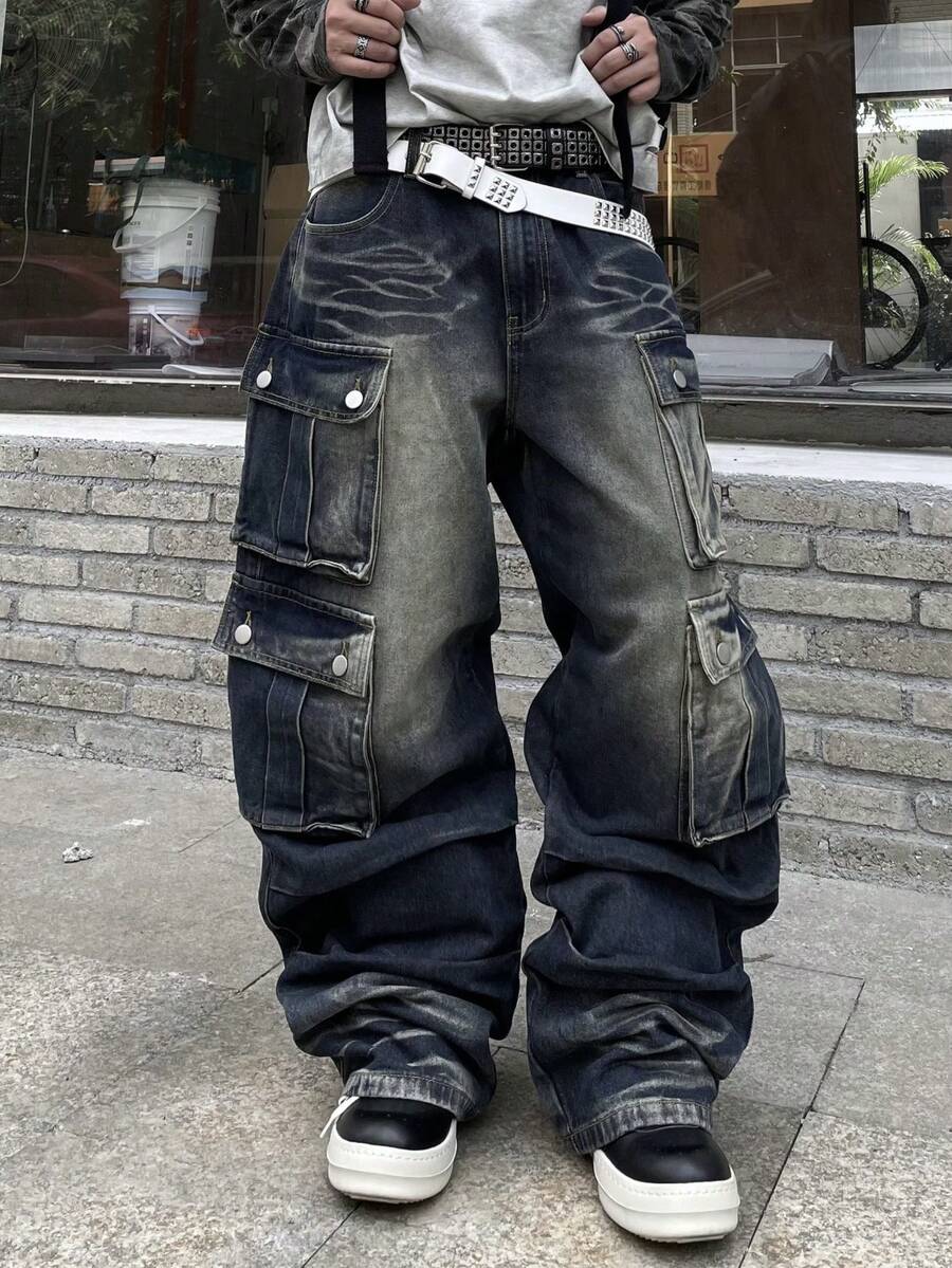 1件复古美式男士宽松多口袋水洗牛仔工装裤，高街设计，阔腿牛仔裤（不含腰带和配饰） - 藍色 - 查看 1