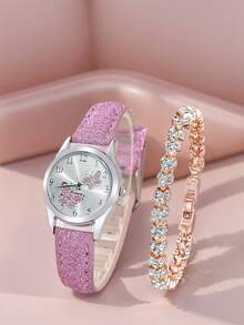2pcs/Set Simple Children's Butterfly Face Quartz Watch And RhinRhinestones Bracelet - A Gift For Children - Pink - View 1