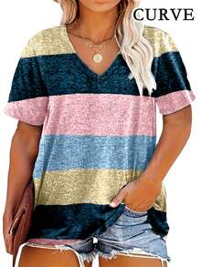 Plus Size Women Striped V-Neck Casual T-Shirt - Dark Green - View 1