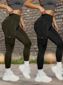 2pcs Women's Outdoor Sport Pants, Multi-Color Elastic High Waist Yoga Leggings With Pockets, Suitable For Cycling, Running, Tennis, Golf, Spring & Summer