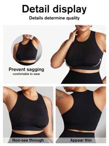 1pc Plus Size Women Seamless Supportive Sports Bra, Black Wireless Bra Padded, Suitable For Yoga, Fitness, Running, Gym