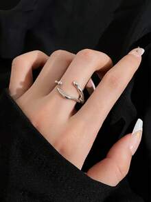 2pcs/Set Fashionable Unique Design Rings For Women, Asymmetrical Moon & Pearl Ring, Luxurious - Yellow Gold - View 2