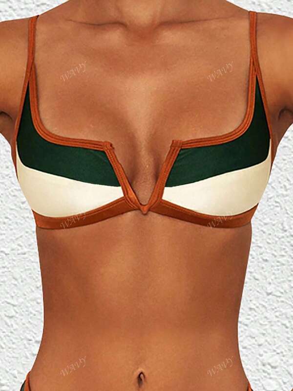 Kontrastreicher V-förmig verdrahteter Bikini-Oberteil für Damen, Farbblockdesign, Spaghetti-Träger, sexy Bademode-Oberteil nur für den Strand