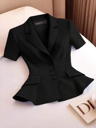 HOMEYEE Women's Short Sleeve Fitted Waist Blazer With Buttons And Pockets, Formal Office Lady Commuter Tops, Spring And Summer