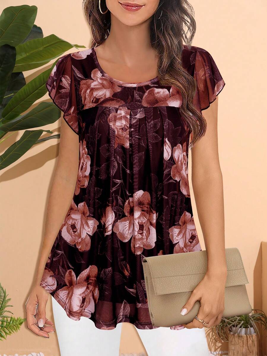 CheersLife Women's Short Sleeve Tunic Shirt Pleated Mesh Blouses Summer Floral Tops Vacation - Burgundy - View 1