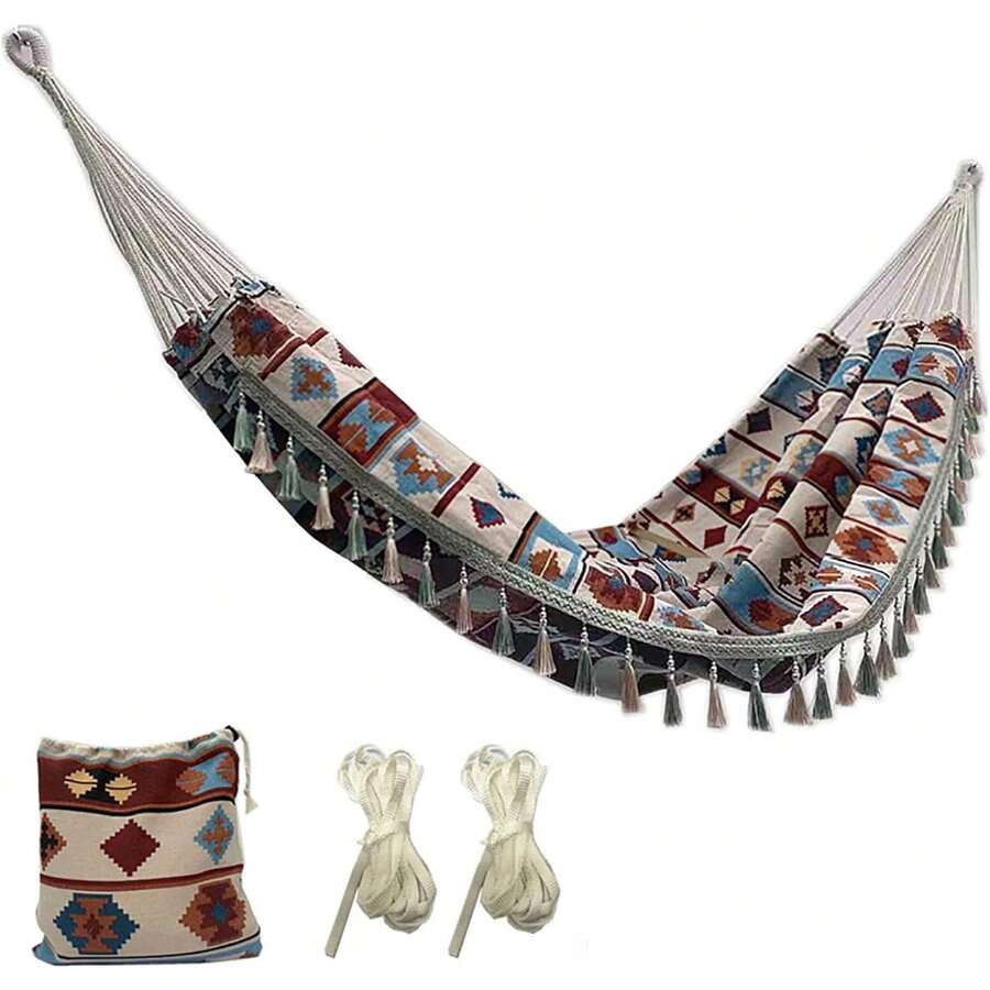 Hamaca Para Acampar, Hamacas Portátiles Con Bolso, Hamacas Con Flecos De Macramé De Lujo Para Patio, Jardín, Patio Trasero, Playa, Tela Para Porche Interior Y Exterior - 1 - View 1