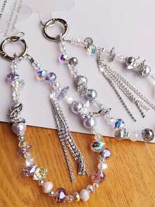 1pc Butterfly Tassel Pearl Crystal Mobile Phone Chain, Handmade Niche Phone Case Hanging Decor, Short Beaded Wrist Strap, Suitable For Outdoor Travel - Multicolor - View 8