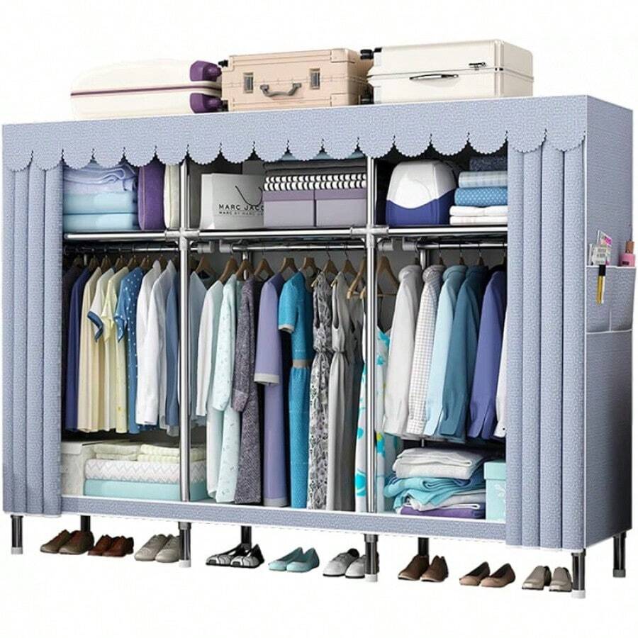 43Inch Portable Wardrobe Closet Storage Organizer For Bedroom, 23MM Thick Steel Hanging Rack With Polyester/Cotton Fabric Cover Moonlight Grey - 月光灰 - 查看 1