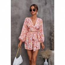 Floral V-Neck Jumpsuit Set | Women's Summer Long Sleeve & Shorts Romper With Botanical Print - Red - View 7