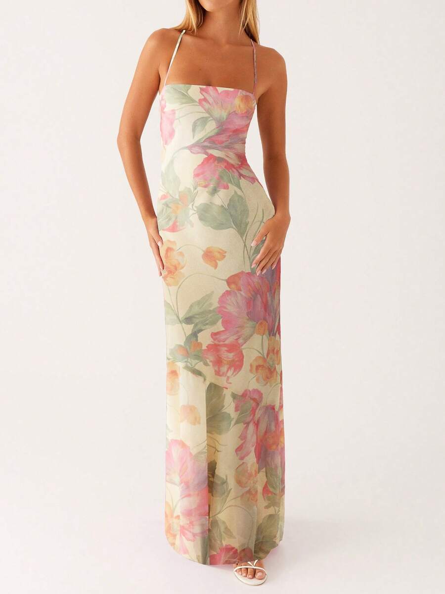 Women Spaghetti Strap Floral Print Maxi Dress Sleeveless Backless Cami Long Dress Summer Cross Tie-Up Party Dresses - Màu be - Xem 1