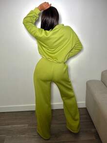 Alexandranx 新款休闲运动高领半拉链宽松落肩长袖运动衫直筒阔腿裤绿色运动衫保暖内衬套装英文印花女式两件套-M - 綠色 - 查看 5