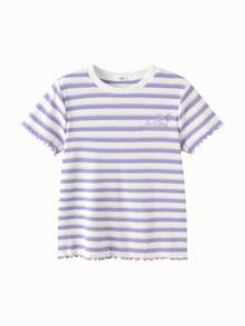 Balabala Girls' Ruffled Stripe Tee, Sweet & Breathable Summer Wear - Purple and White - View 2