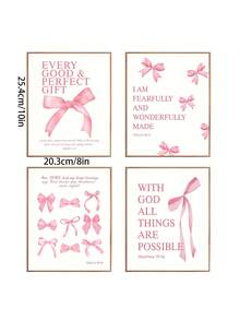 1/4 Stück/Set rosa Schleife Wandkunst Zimmer Deko Poster Aufkleber, rosa Schleife Zimmer Schlafzimmer Deko Badezimmer Deko Wandkunst Deko Ästhetische Aufkleber, für Teenager Mädchen Geschenke, inspirierende Bibelverse Schleife Wanddekoration, ungerahmte Schleifen-Dekorationsaufkleber, PVC wasserfeste selbstklebende Wandaufkleber, perfekt für Hochzeit Geburtstag Abschluss Geschenke