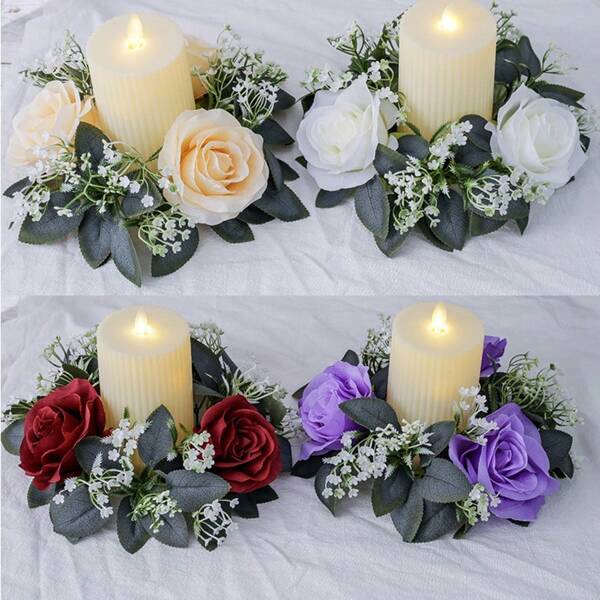 1 Stück künstlicher Rosenblumen Kerzenhalter Kranz, Tisch-Mittelstück Dekoration für Hochzeitsfeier, romantischer Künstlicher Blumenkranz (Kerzen nicht enthalten)
