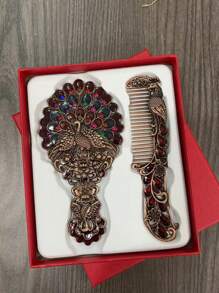 Exquisite Small Relief Antique Peacock Open Screen Handheld Mirror & Portable Creative Sense Comb, Gift Box With Greeting Gifts And Birthday Gifts,The Color Of The Gemstones Inlaid In The Product Is Random,Women Valentine Gift Birthday Boyfriend Girlfriend