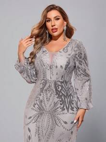 加大码修身灯笼袖随机亮片装饰礼服，优雅长袖舞会晚礼服，适合婚礼宾客、毕业典礼、晚宴派对礼服 - 灰色 - 查看 6