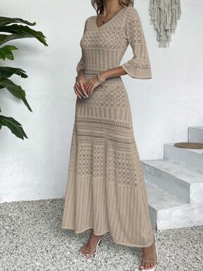 Knit Mix Damska, swobodna, dzianinowa sukienka z dekoltem w serek i długim rękawem, w całości biała, w stylu wakacyjnym na lato na plaży, skromny, vintage'owy styl z dawnych pieniędzy, dopasowany krój, wycięty wzór, losowy wzór, powrót do szkoły, jesienne ubrania damskie