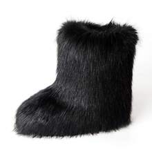 Women's Furry Faux Fur Boots Fuzzy Fluffy Mid Calf Snow Boots Suede Warm Fur Lined Booties Flat Warm Short Winter Boots - màu đen - Xem 1