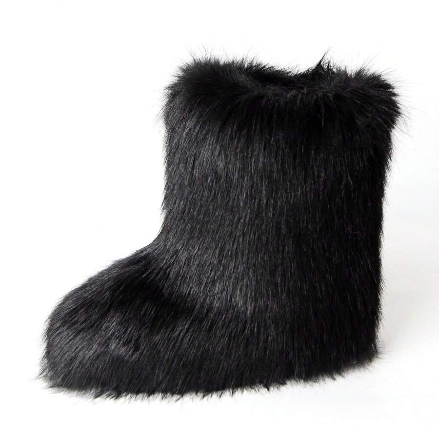 Women's Furry Faux Fur Boots Fuzzy Fluffy Mid Calf Snow Boots Suede Warm Fur Lined Booties Flat Warm Short Winter Boots - màu đen - Xem 1